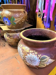 Red Clay Maceta Chata Brown Flores Lrg 17dx15hin